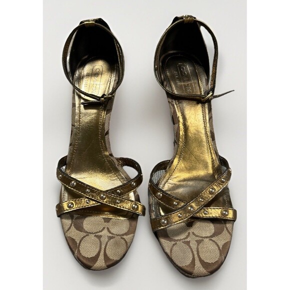 COACH Jerilyn Bronze Gold Stud Wedge Heel Open Toe Shoe Size 10 B Read - Picture 1 of 12